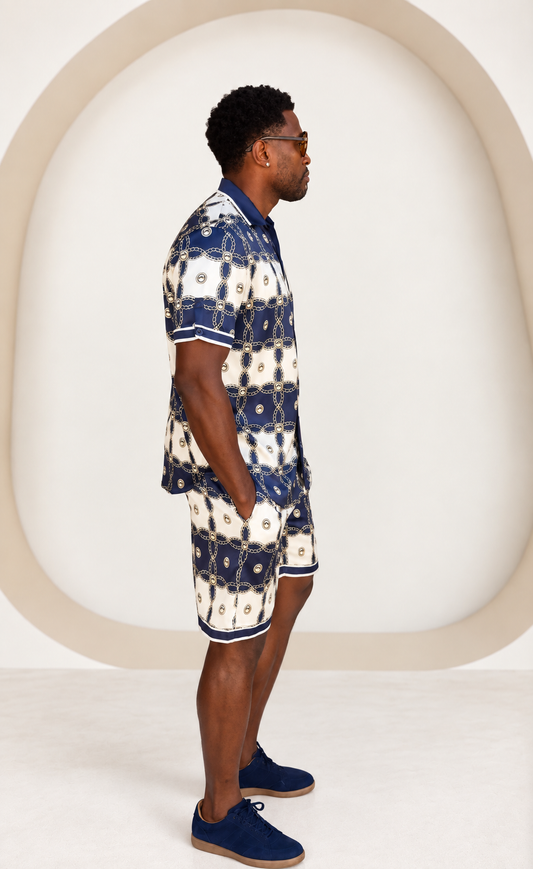 22INC Luxury Chain Link Short Set – Navy / Cream