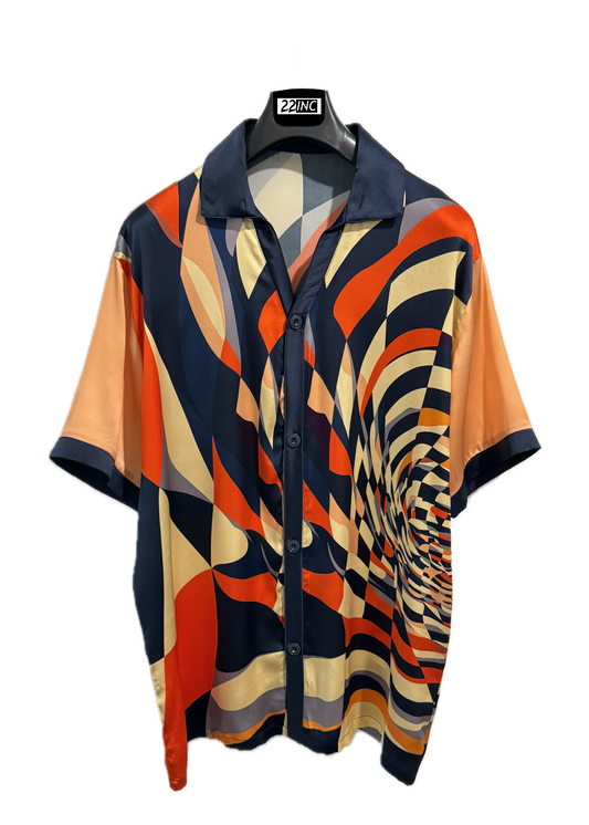 PRE - ORDER - Gentlemen's Collection Orange/Navy Print Silk Shirt